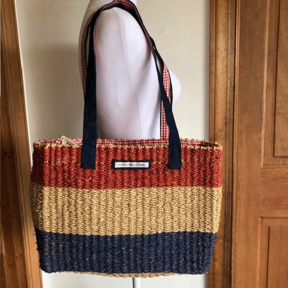 TOMMY HILFIGER Red Blue Block Woven Raffia Straw Tote Bag Denim Straps…